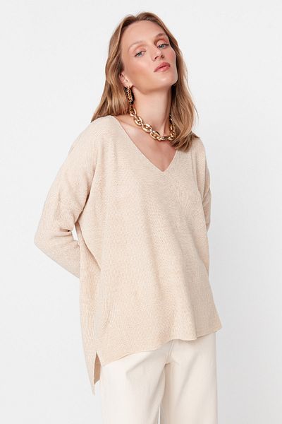 Trendyol Collection Beige Wide Fit V-Neck Knitwear Sweater TWOAW23KZ01537