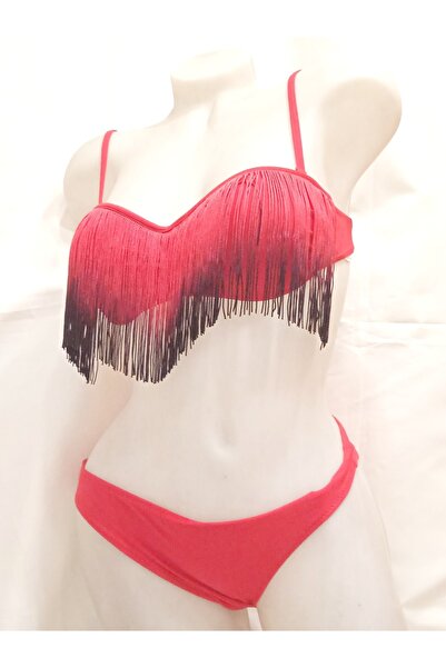 MasmaviMilla Дамски червено-черен комплект бикини без презрамки с дълги пискюли