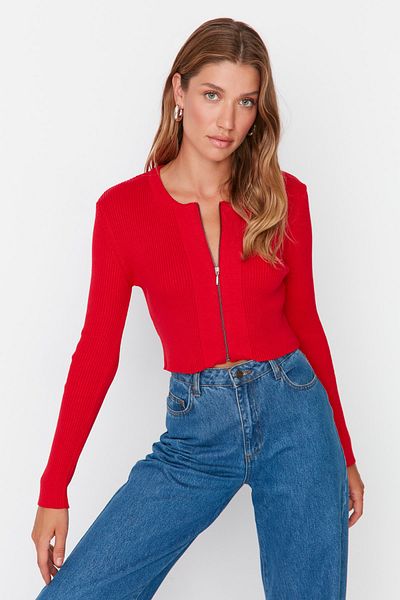 Trendyol Collection Red Crop Zippered 100% Cotton Basic Knitwear Cardigan TWOAW23HI00471