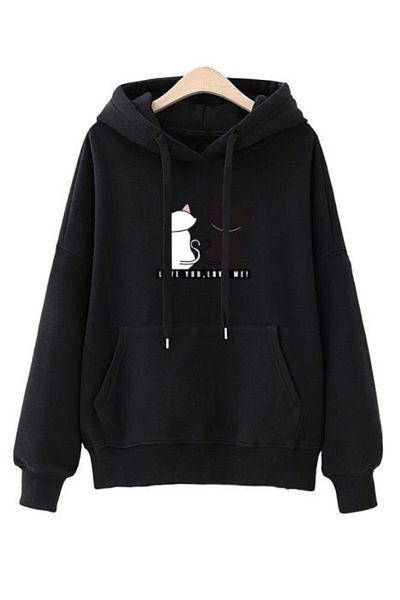 MODAGEN Unisex kočičí oversize černá mikina s potiskem s kapucí