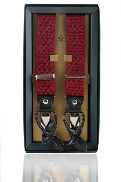 Kravatkolik Leather Connected Button Perforated Jacquard Claret Red Trouser S...