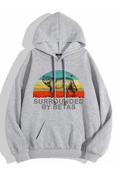 Buğraterzimoda Wolf Printed Unisex Γκρι Καγκουρό Φούτερ με κουκούλα με τσέπη