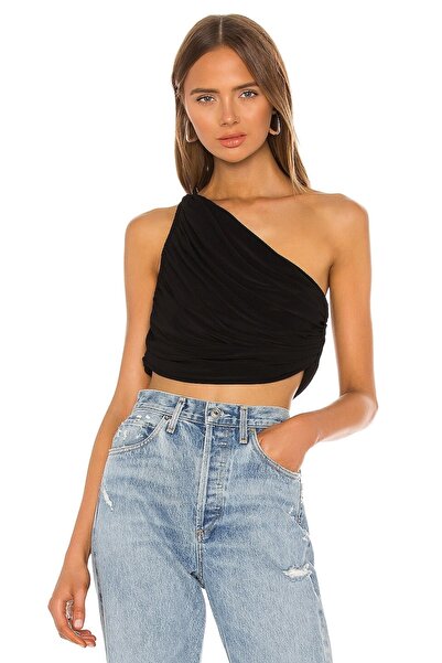 By Kul Design Black One Shoulder Crop Top - Gathered Jersey