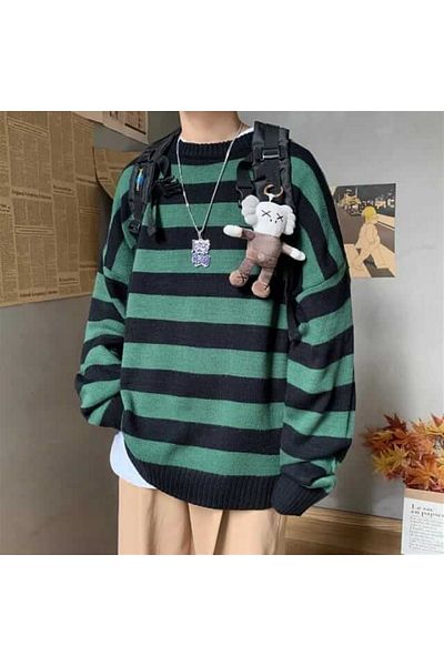 Touz Pulover Streetwear Oversize cu dungi verzi negre - Moda