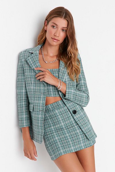 Trendyol Collection Mintfarbene, karierte Webjacke mit regulärem Futter und Karomuster TWOAW23CE00094