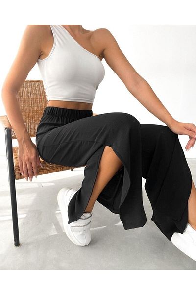 Maxi İdol Women's Elastic Waist Aerobin Trousers with Side Slits Black
