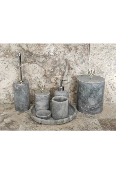 Polen Stone Gri Mermer Zeytindalı Krom Aksesuarlı 7'li Banyo Seti