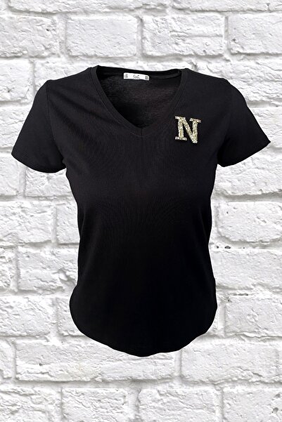 GZ Design Silver 'n' Letter Embroidered V-collar Black T-shirt