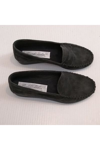 Butik Tülin Women's Genuine Leather Suede Dark Gray Banded Hand Stitched Soft Rubber Sole Ballerinas