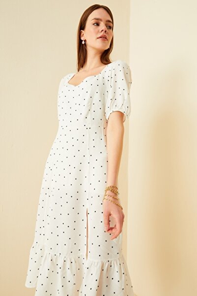 Hanna's by Hanna Darsa Kadın Beyaz Kolu Büzgülü Örme Astarlı Yırtmaçlı Dokuma...