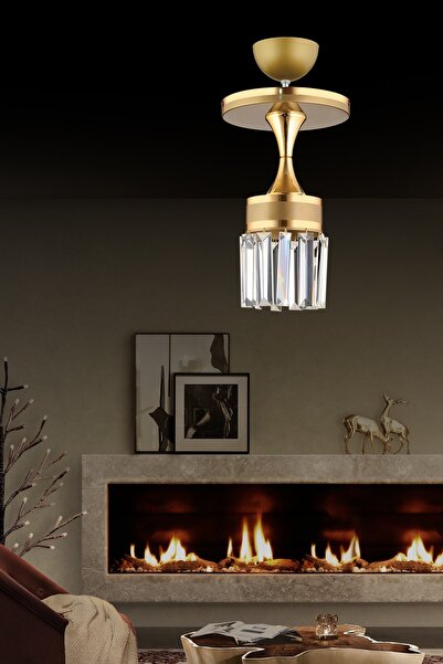 Genel Markalar Nairobi Tekli Eskitme Plafonyer Kristal Taşlı Sarı Şeritli Sil...