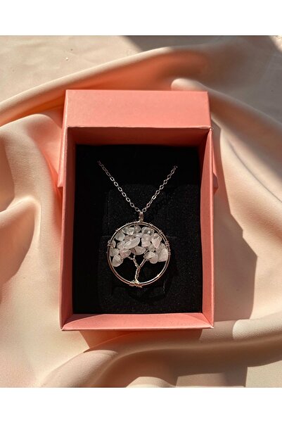 VALİOSO JOYA Hayat Ağacı Doğal Pembe Kuvars Taşı Doğal Taş Kolye Şifalı Taş K...