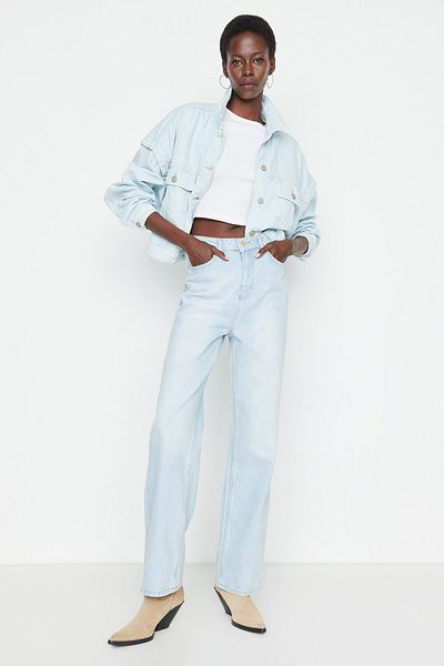 Trendyol Collection Blugi lungi drepti albastru cu talie înaltă TWOAW22JE0249