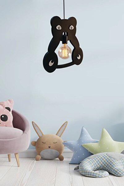 UTKU TASARIM Panda Ahşap Çocuk Bebek Odası Avize Dekoratif Sarkıt Ahşap Lüks Rustik Modern Dekoratif Lamba