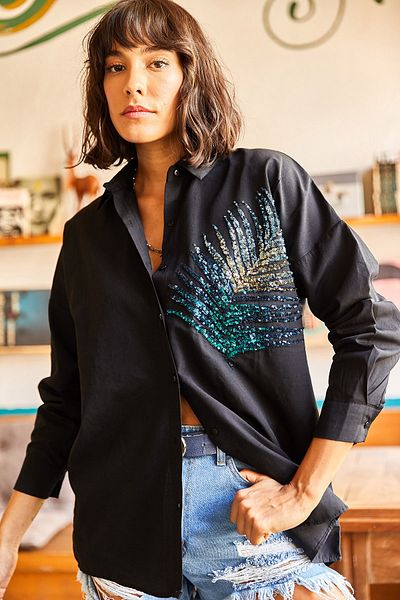 Olalook Schwarzes Oversize-Hemd aus gewebter Popeline mit Palmen-Paillettendetail für Damen GML-19001016