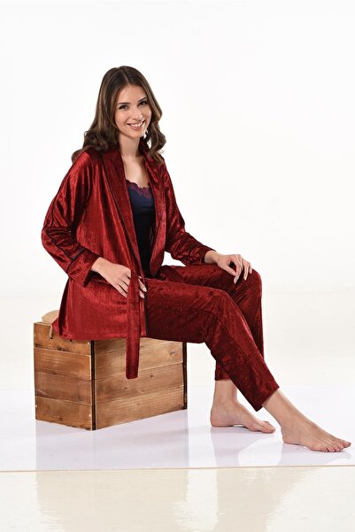 Miss Dünya Lissa Set de pijamale pentru damă din catifea roșie Claret cu halat