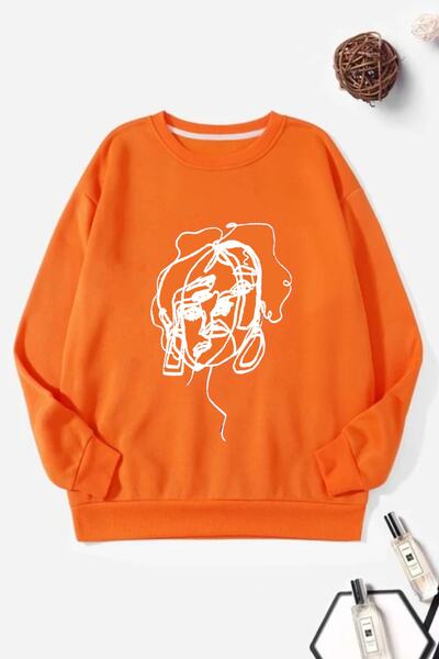 MODAGEN Women's Oversize Orange Sweatshirt with Face Figure