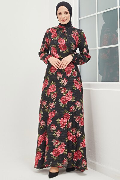 Feiza Collection Desenli Tesettür Elbise - Siyah
