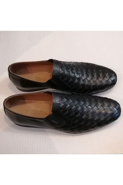 D By Divarese Unisex Genuine Leather Black Knitted Plain Combination Elastic Soft Rubber Sole Loafer