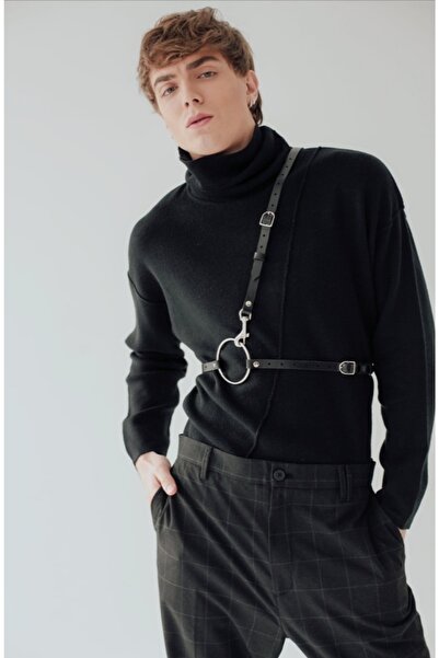 Sweet Demon Black Men's Leather Belt - Large Ring and Thin Strip Detailed Accessory