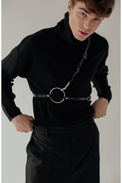 Sweet Demon Black Men's Leather Belt - Large Ring and Thin Strip Detailed Accessory