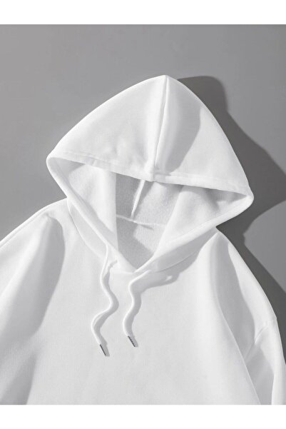 trendgar Λευκή κουκούλα Unisex Oversize φούτερ - 3 κλωστές