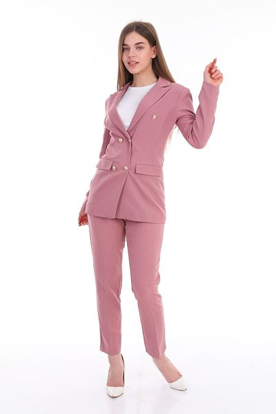 Moda Collection Buttoned Fake Pocket Blazer Jacket Pipe Leg Belt Pocket Stretchy Pants Suit