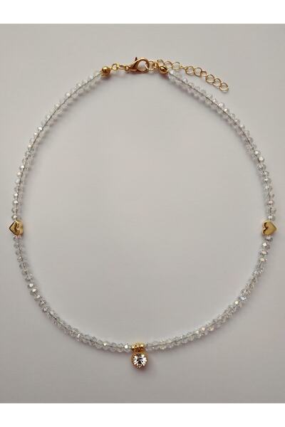 Nuvole Bianche Accessory Beyaz Pırıltı Uçlu Kalpli Beyaz Kristal Boncuk Kolye