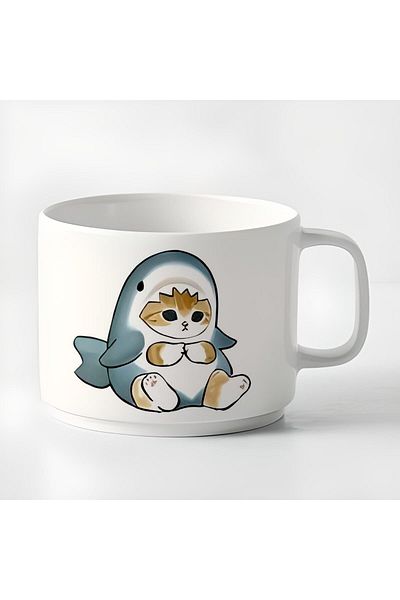 GünayStore Double Turkish Coffee Cup & Espresso Shark Cute Cat Printed Mug 180 Ml