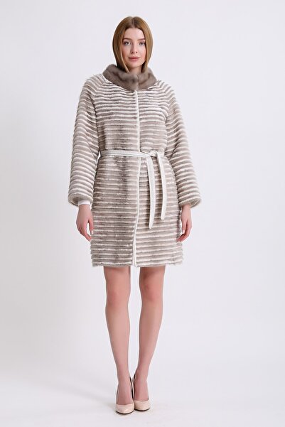 Leather Club Krem Vizon Aksesuarlı Simetri Kaban