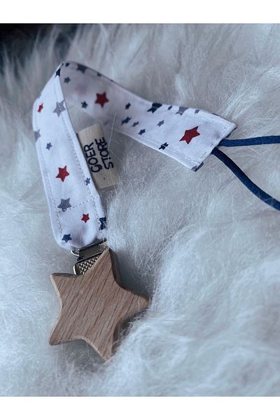 GOER STORE Natural Wooden Star Red Detailed 100% Cotton Fabric Baby Pacifier Strap