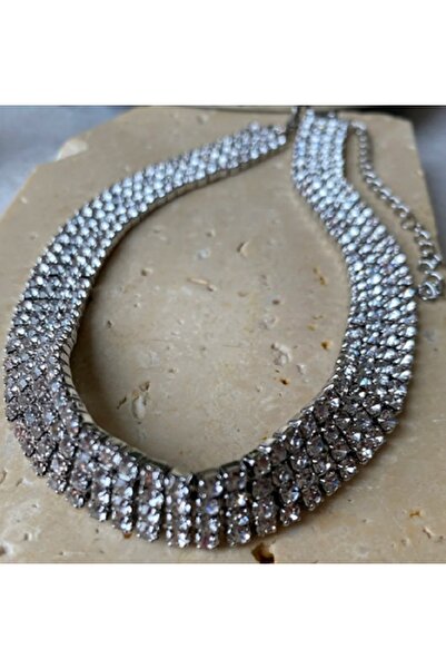 UBUH SHOP Zirkon Taşlı Kadın Su Yolu Dört Sıra Choker Kolye Abiye Gelin