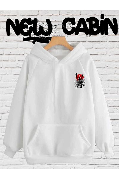 NewCabin Νέα σεζόν Samurai εμπρός-πίσω Samurai Printed White Cotton Kangaroo Pocket Hoodie