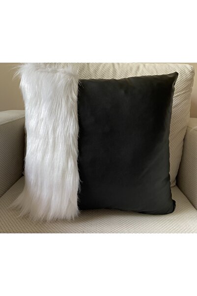 MER HOME Husă de pernă din piele cu detaliu de pluș alb