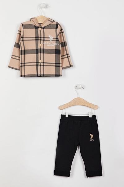 U.S. Polo Assn. Lisanslı Ekoseli Camel Erkek Bebek Çıtçıtlı Uzun Kol Eşofman Takım