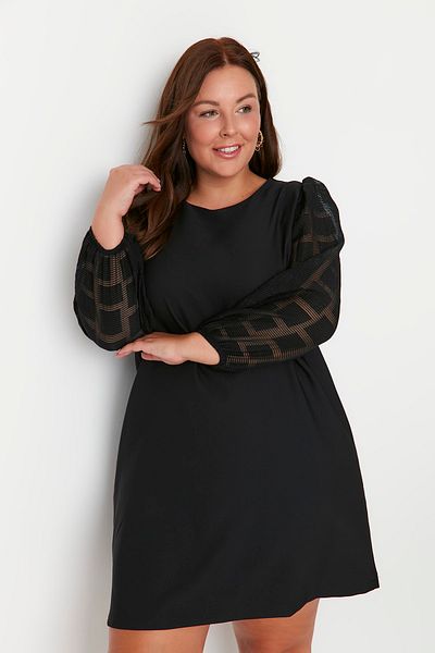 Trendyol Curve Black Woven Sleeve Lace Detailed Pocket Dress TBBAW23AH00039