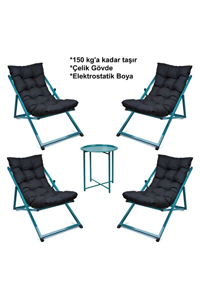 HASTUNÇ Minderli Katlanır Şezlong Seti Bahçe, Balkon, Teras ve Plaj İçin 4 Şe...
