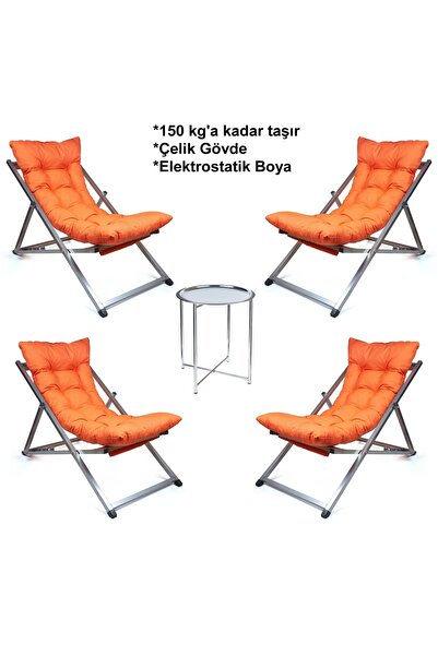 HUNDEMİR Minderli - Zimy Şezlong Seti Katlanır Dörtlü Set - 4 Şezlong 1 Sehpa