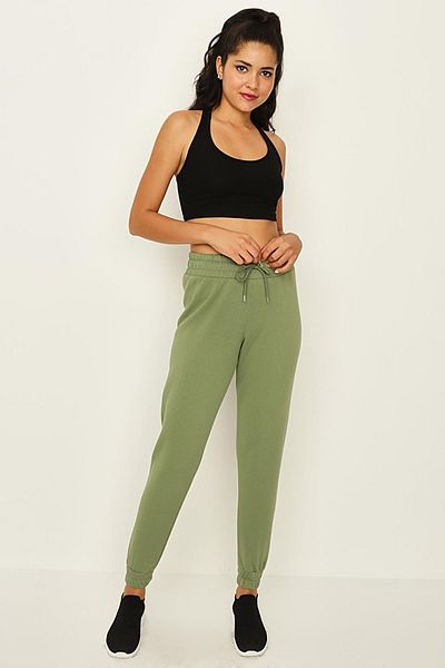 Select Moda Women's Khaki Raised Knitted Basic Jogger Sweatpants