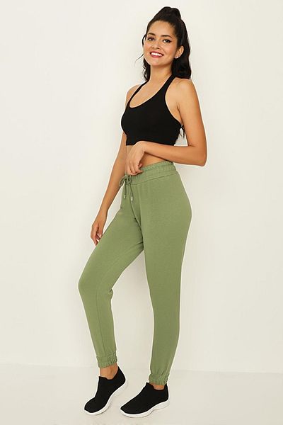 Select Moda Women's Khaki Raised Knitted Basic Jogger Sweatpants
