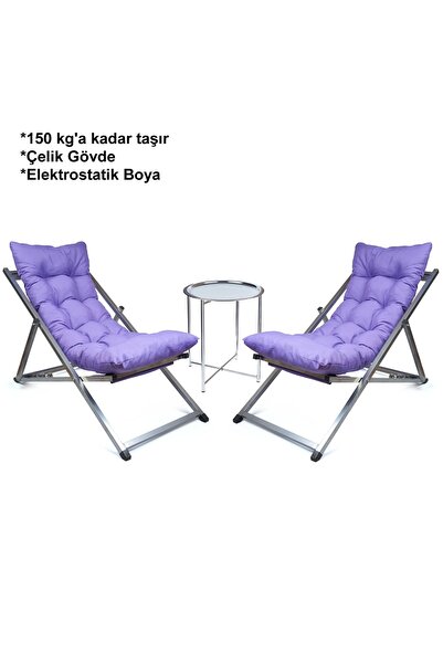HUNDEMİR Minderli - Yusy Şezlong Seti Katlanır Ikili Set - 2 Şezlong 1 Sehpa