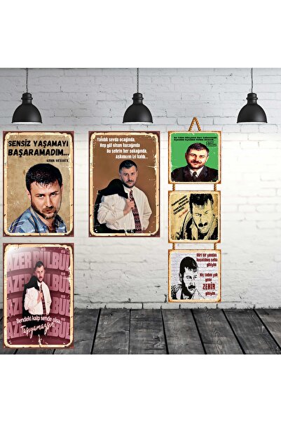 TAKIFİX Azer Bülbül Sözleri Seti 3 Adet 20x30 Cm 3 Adet 15x15 Cm Retro Ahşap Tablo