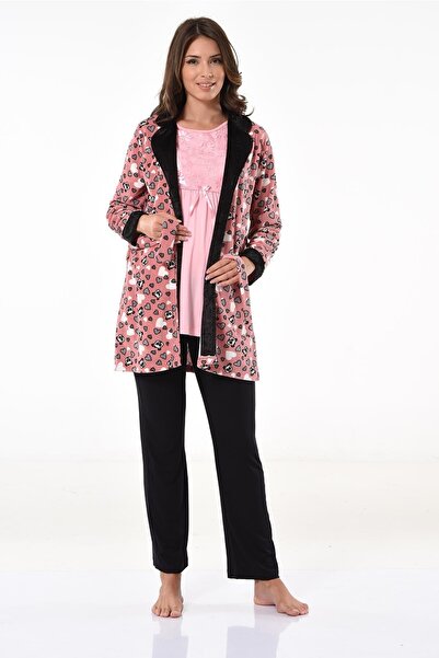 Miss Dünya Lissa Розова и черна кадифена сутрешна рокля с шарки Комплект пижа...