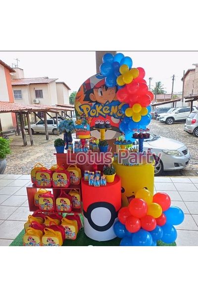 LOTUS PARTY 30 Pieces Pokemon Themed Balloon Set - ( Red - Navy Blue - Yellow Color Balloon )