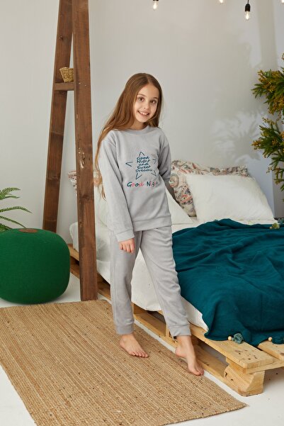 Siyah İnci Gri Alt-üst Polar Nakışlı Cepli Pijama Takım