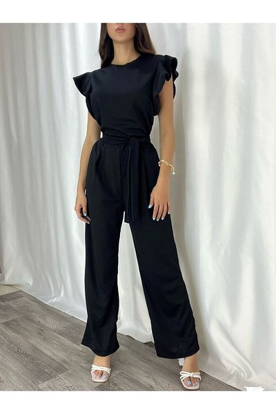Secret Passion Lingerie Rochie de seară lungă din țesătură creponată neagră Q Salopetă cu mâneci, buzunare și centură cu volan 582183 705