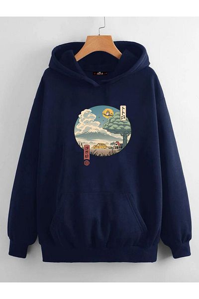 Buğraterzimoda Φούτερ με κουκούλα Anime Totoro με στάμπα Unisex Navy Blue με κουκούλα καγκουρό