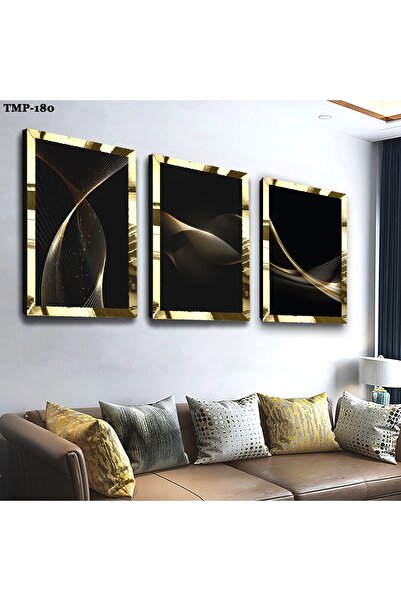 Zevahir Mobilya Dekorasyon Gold Aynalı Pleksi Çerçeveli Siyah Renk Üçlü Mdf T...