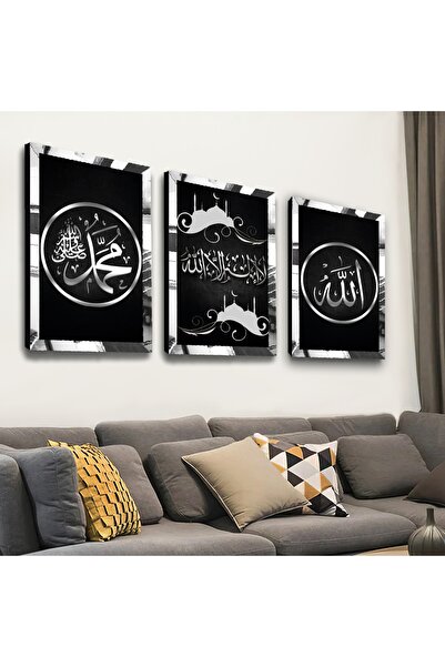 Zevahir Mobilya Dekorasyon Gümüş Aynalı Pleksi Çerçeveli Hz Muhammed Ve Allah Lafzı Dini Üçlü Mdf Tablo Seti
