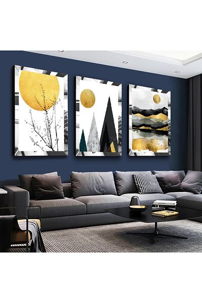 Zevahir Mobilya Dekorasyon Set de pictură din MDF triplu argintiu cu cadru din plexiglas cu oglindă argintie, colaj, desen, soare și munte